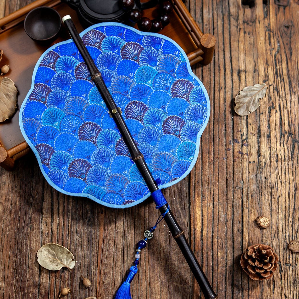 blue shell hand fan waist fan bamboo-Jianxi Hanfu