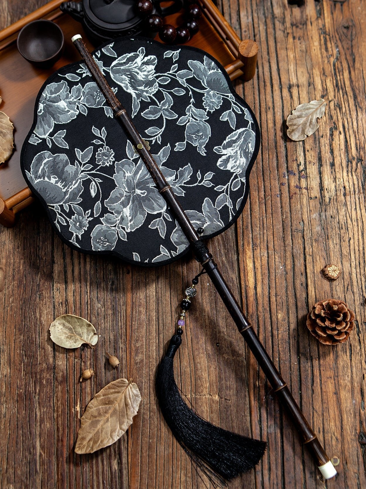 black rose waist fan green folding fan cheongsam dress-Jianxi Hanfu