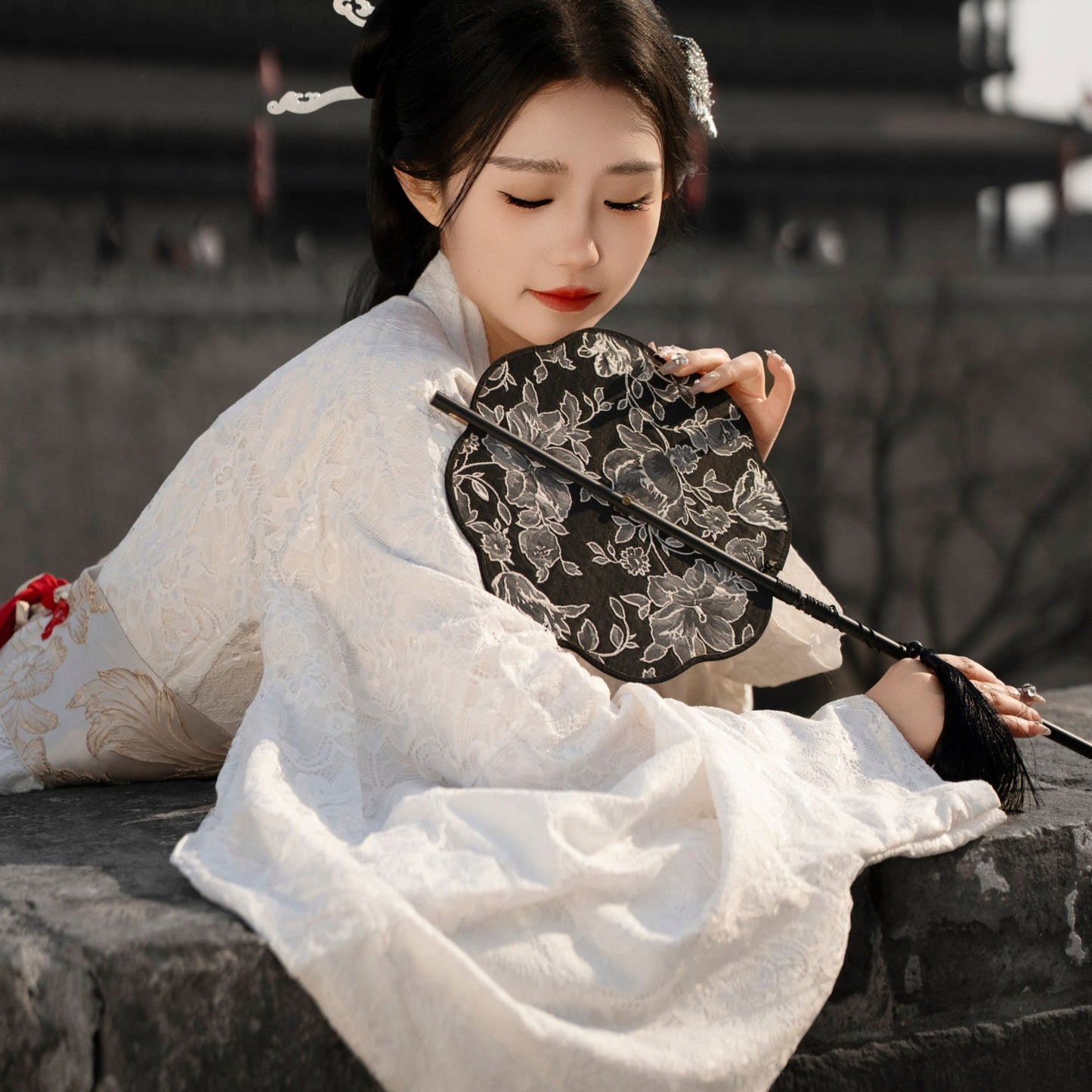 chinese black folding fan waist fan-Jianxi Hanfu