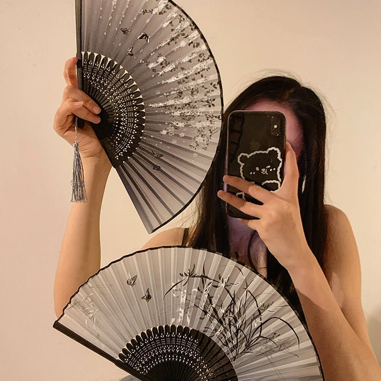 Chinese folding fan with ancient style bamboo fan with ink painted orchids - Jianxi Hanfu