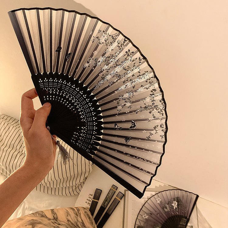 Chinese folding fan with ancient style bamboo fan with ink painted orchids - Jianxi Hanfu