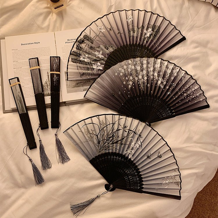 Chinese folding fan with ancient style bamboo fan with ink painted orchids - Jianxi Hanfu