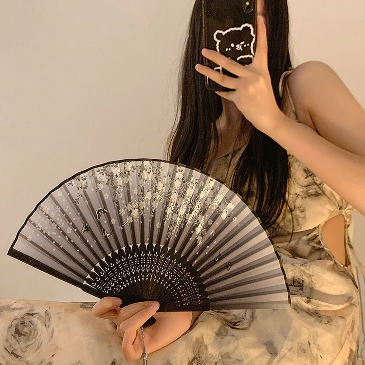 Chinese folding fan with ancient style bamboo fan with ink painted orchids - Jianxi Hanfu