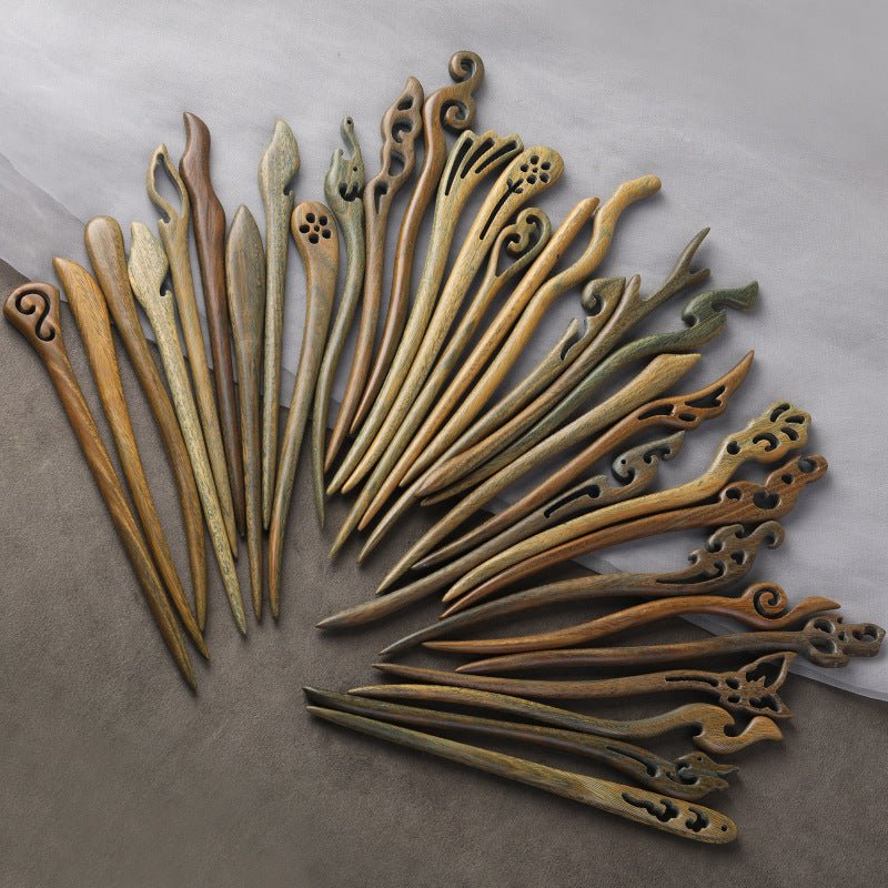Chinese Hairpin Hand Carved Green Sandalwood Phoenix Hanfu Accessory - Jianxi Hanfu