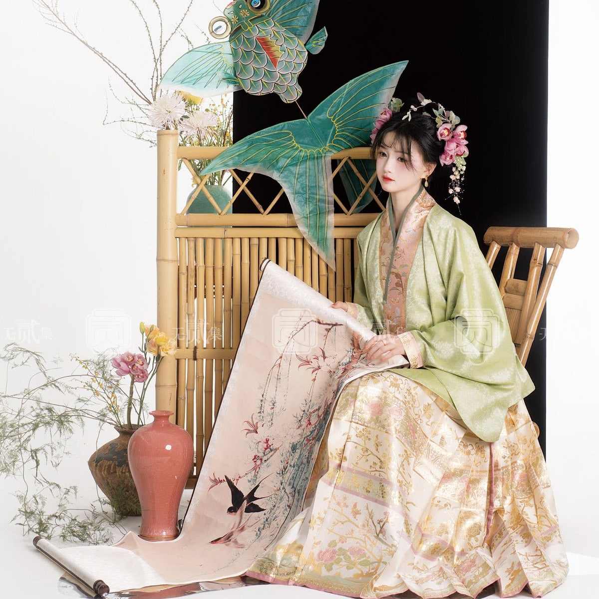 green hanfu dress mamian skirt women's dress-Jianxi Hanfu