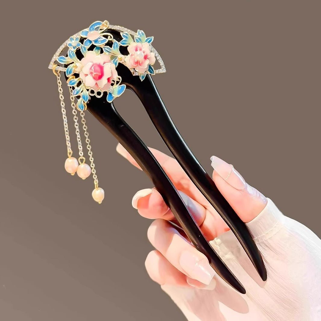 Hanfu accessory black sandalwood U - shaped peony hairpin - Jianxi Hanfu