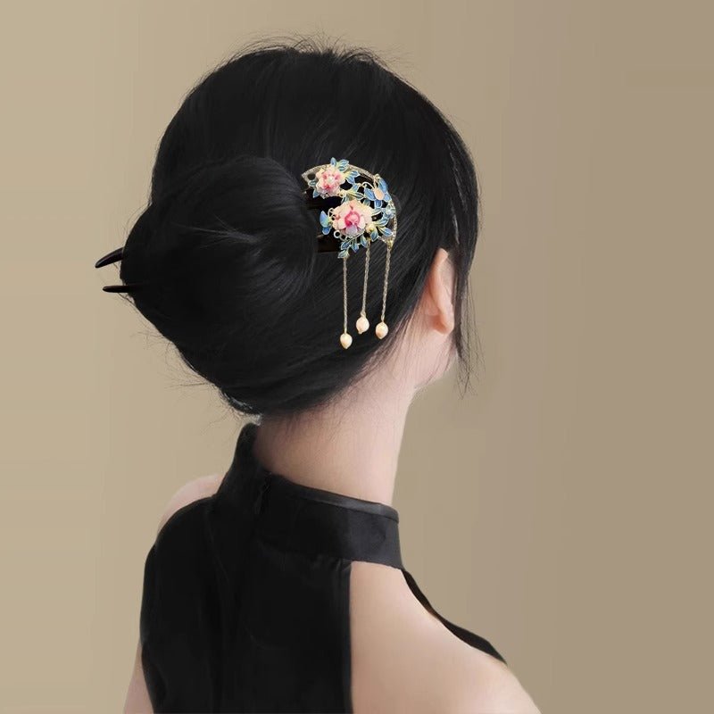 Hanfu accessory black sandalwood U - shaped peony hairpin - Jianxi Hanfu