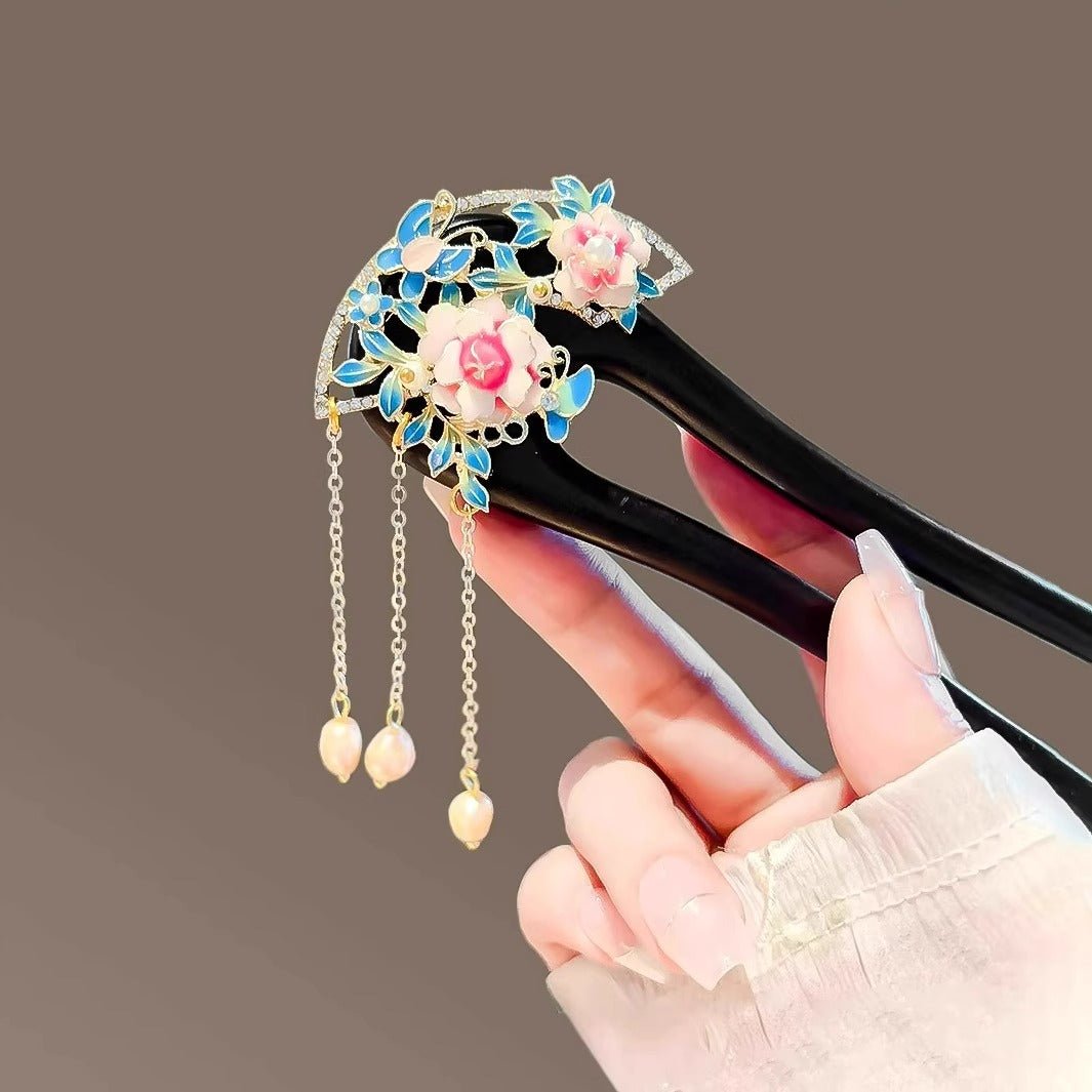 Hanfu accessory black sandalwood U - shaped peony hairpin - Jianxi Hanfu