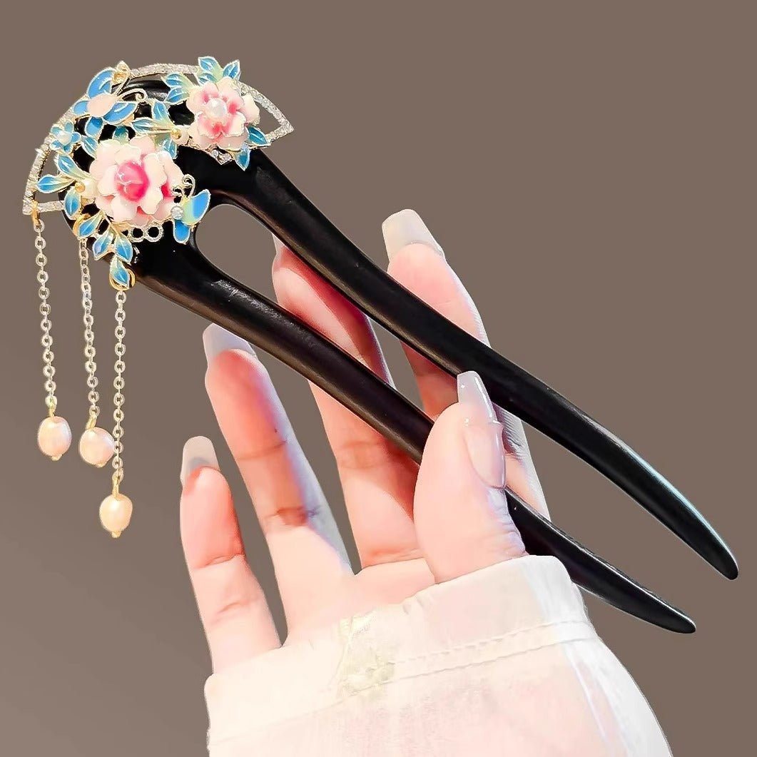 Hanfu accessory black sandalwood U - shaped peony hairpin - Jianxi Hanfu
