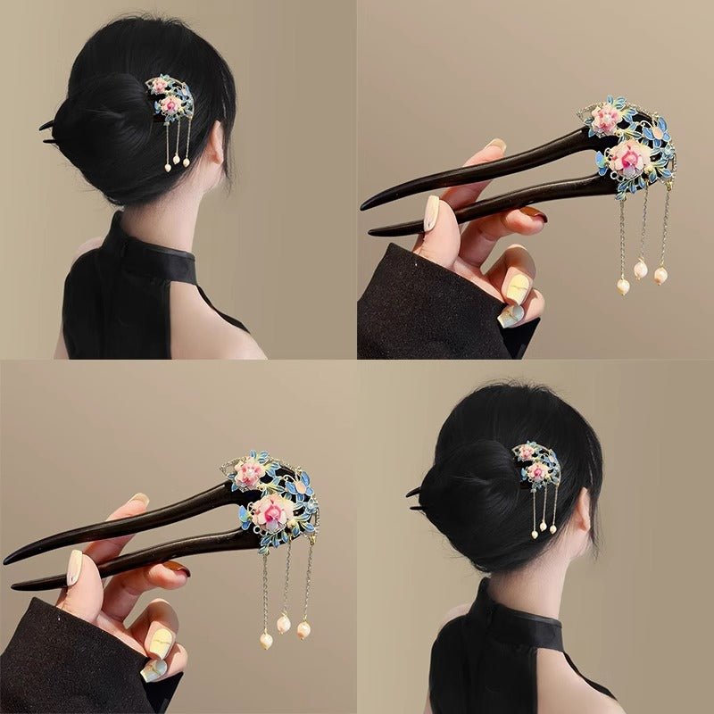 Hanfu accessory black sandalwood U - shaped peony hairpin - Jianxi Hanfu