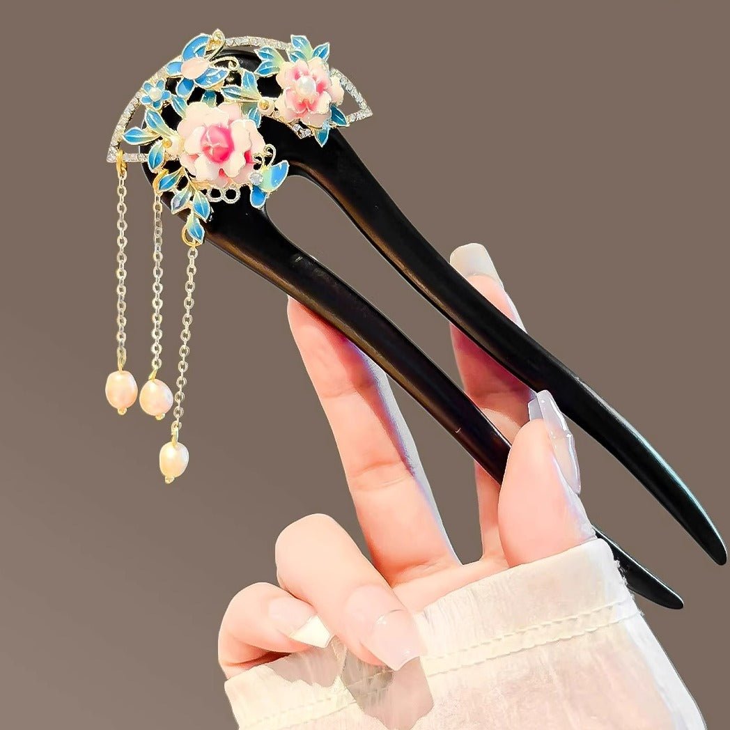 Hanfu accessory black sandalwood U - shaped peony hairpin - Jianxi Hanfu