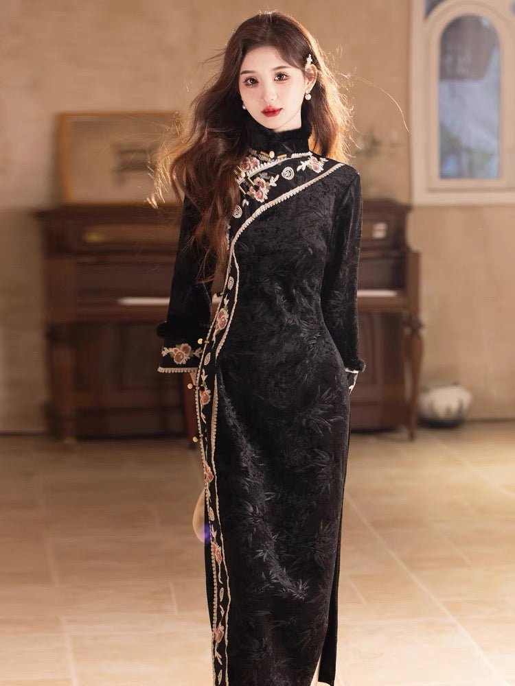 black Qipao new chinese style cheongsam dress- Jianxi Hanfu