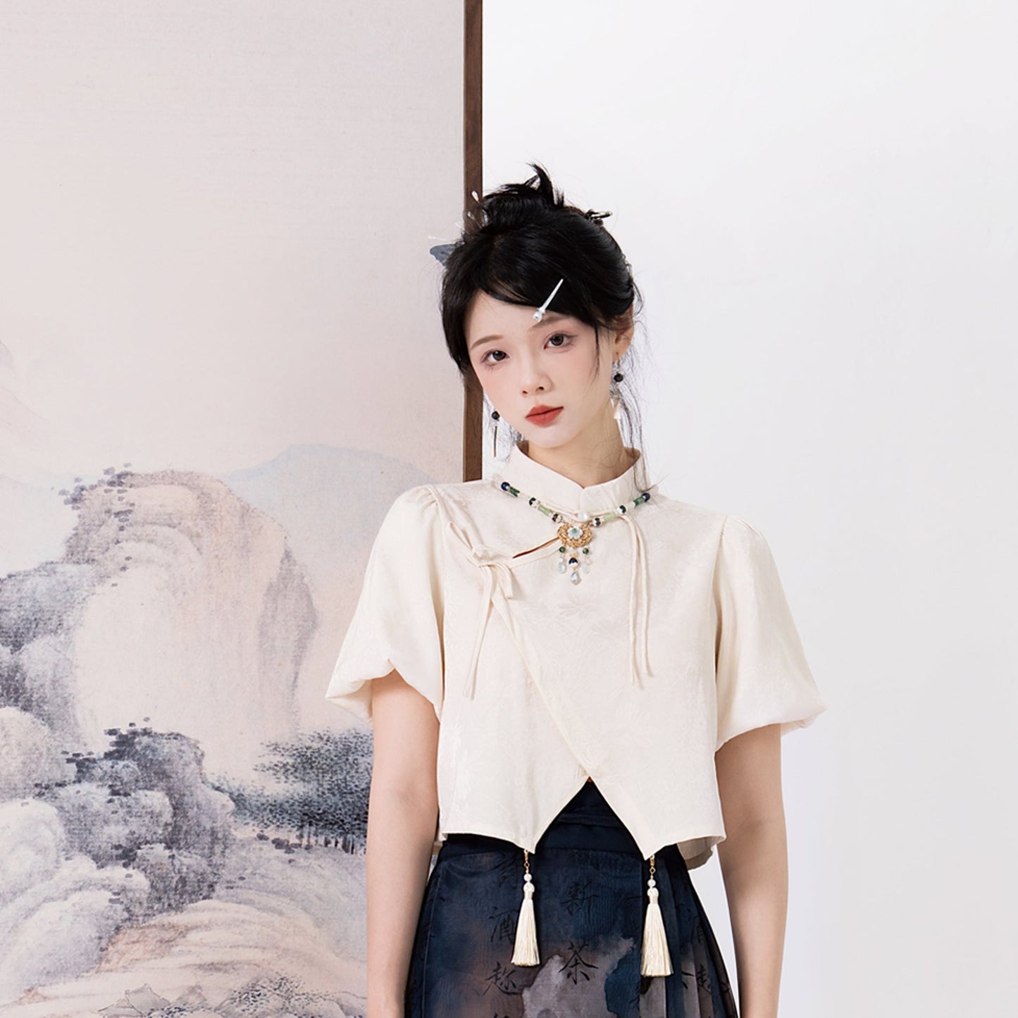white stand collar shir new chinese style-Jianxi Hanfu