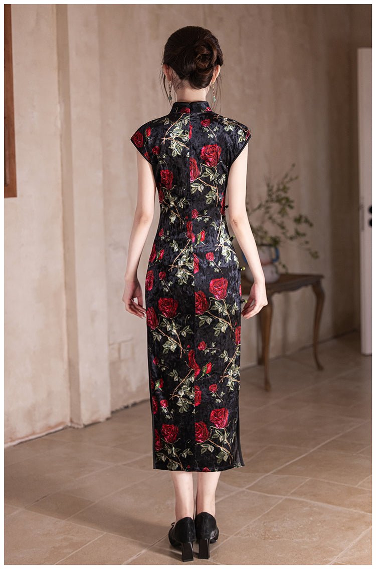 new chinese style black rose qipao dress cheongsam-Jianxi Hanfu