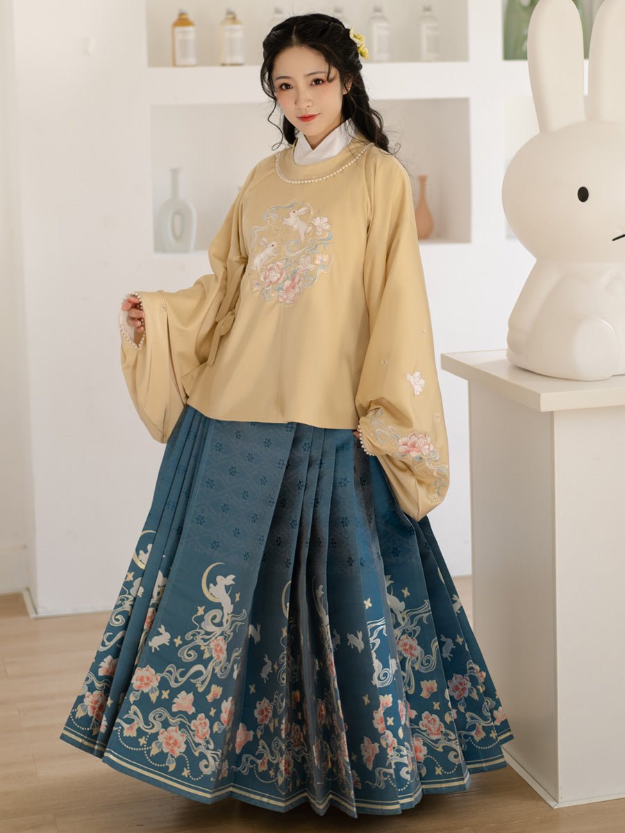 yellow round collar top blue horse face skirt-Jianxi Hanfu