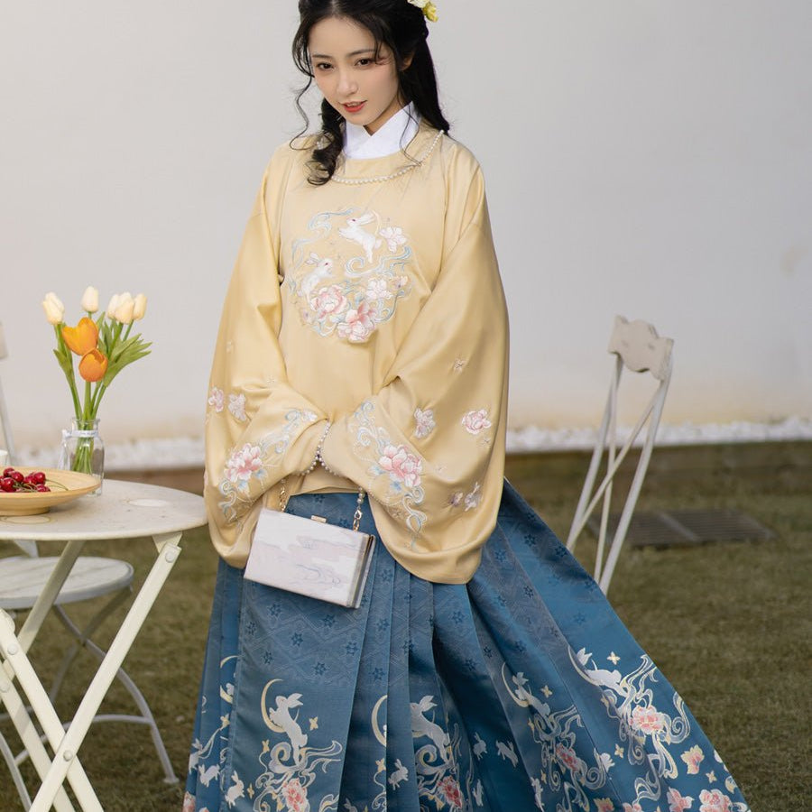 yellow round collar top horse face skirt-Jianxi Hanfu