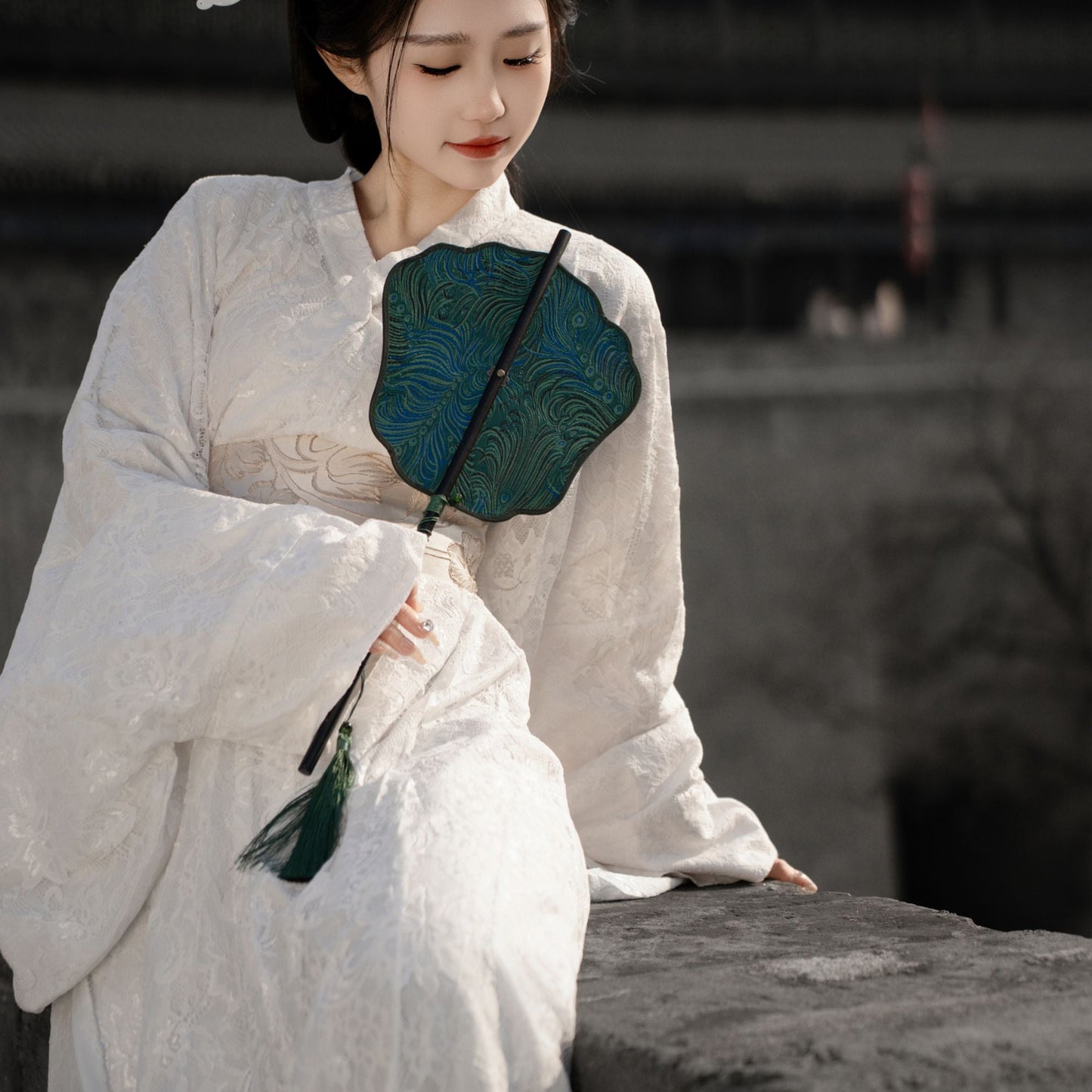green chinese waist fan bamboo fan-Jianxi Hanfu