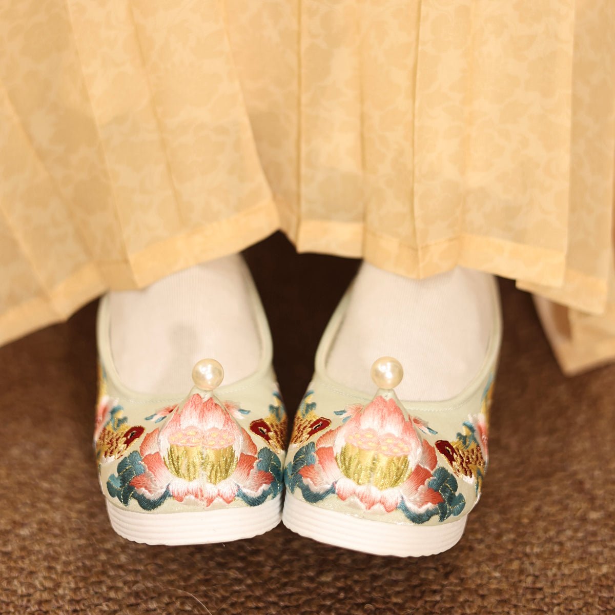 women's green shoes lotus fish pattern chinese hanfu shoes -Jianxi Hanfu