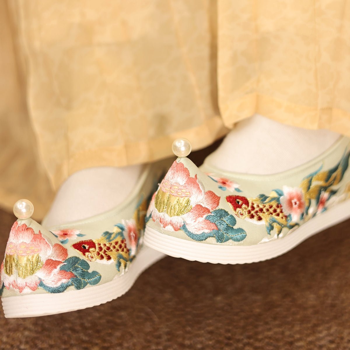 chinese pearl shoes women's hanfu green shoes -Jianxi Hanfu
