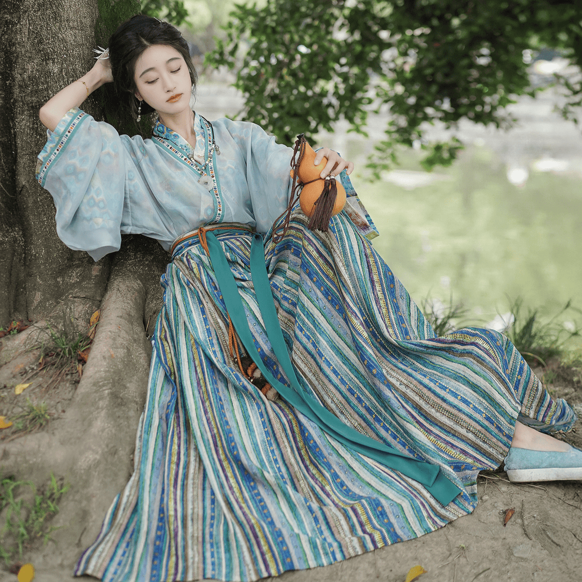 blue shirt chinese women's hanfu dress- Jianxi Hanfu