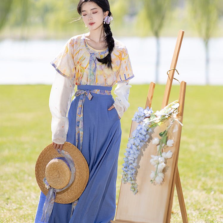 New Chinese Style Women's Blue Summer Dress White Shirt Sun