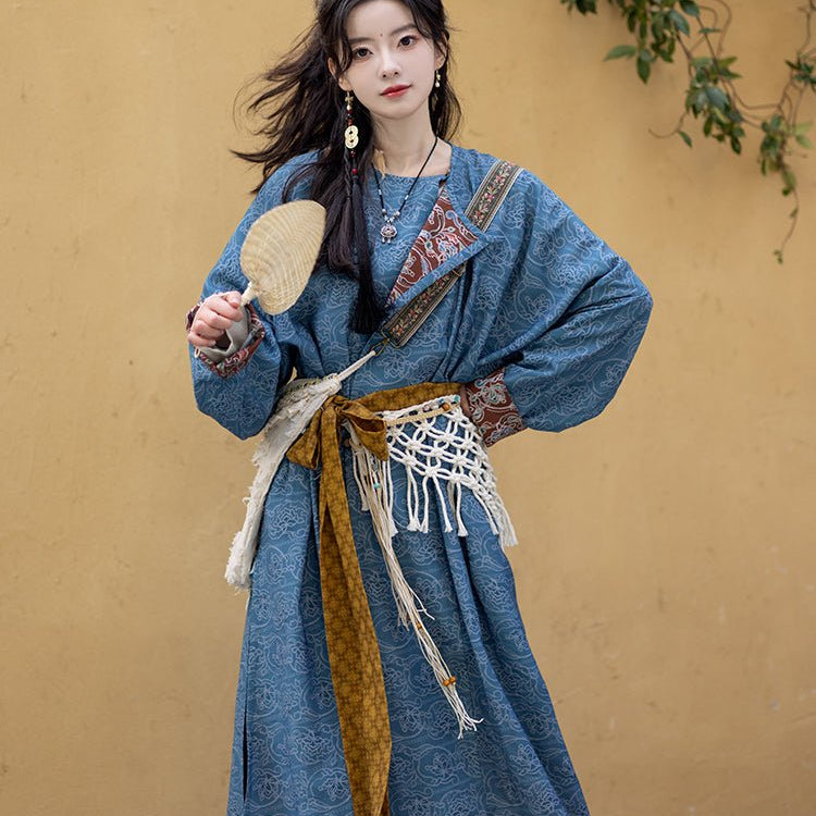 Tang Dynasty Spring/Autumn Clothes Blue Round Collar Robe Hanfu