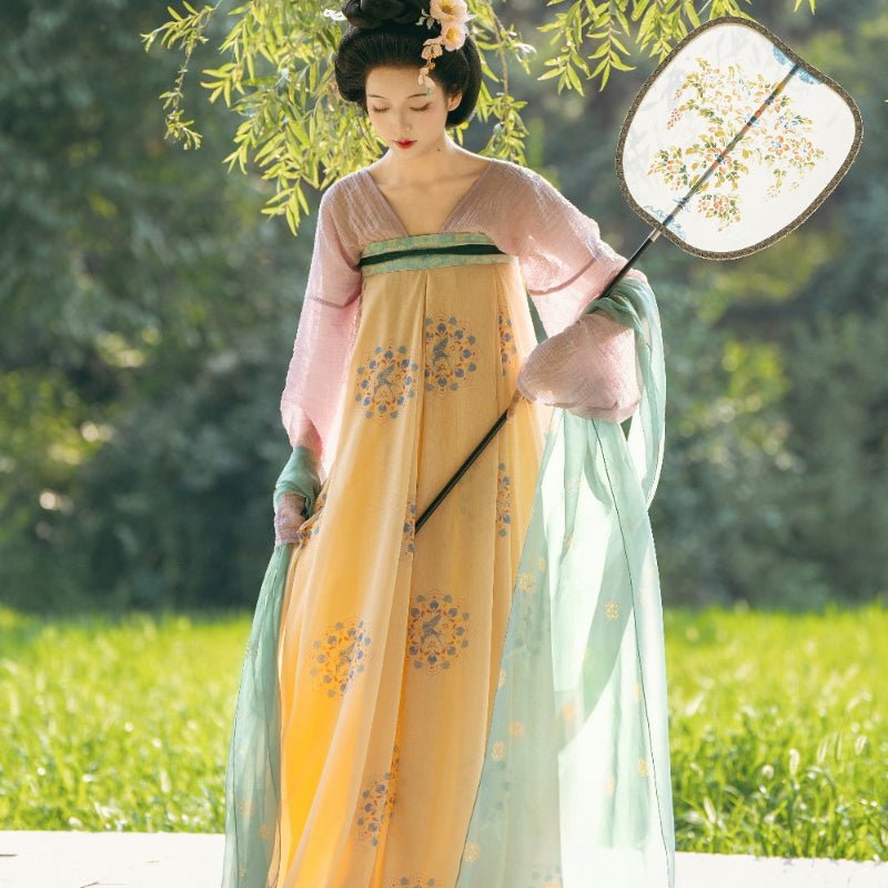 Chinese Tang Dynasty Women's Spring Hanfu Clothes Yellow Dress