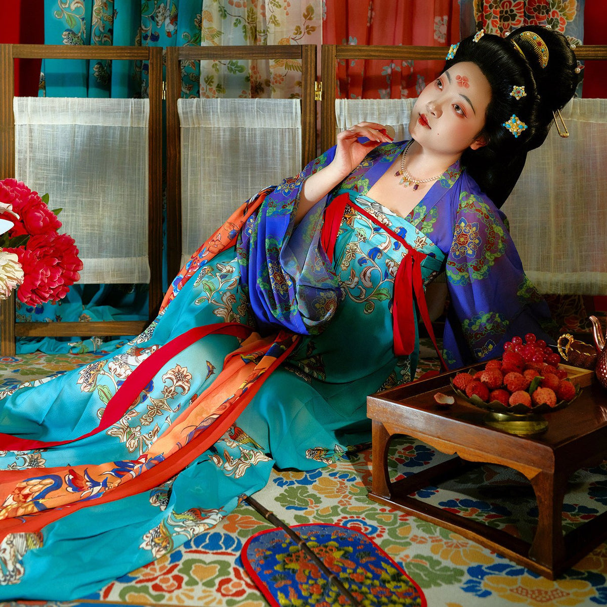 chinese Guifei clothes tang dynasty women's plus size hanfu blue duijin shirt - Jianxi Hanfu