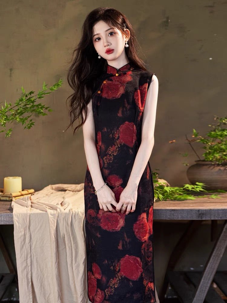 Vintage and Elegant Sleeveless Qipao Cheongsam - Rose - Jianxi Hanfu
