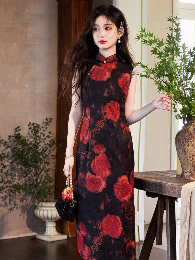 Vintage and Elegant Sleeveless Qipao Cheongsam - Rose - Jianxi Hanfu