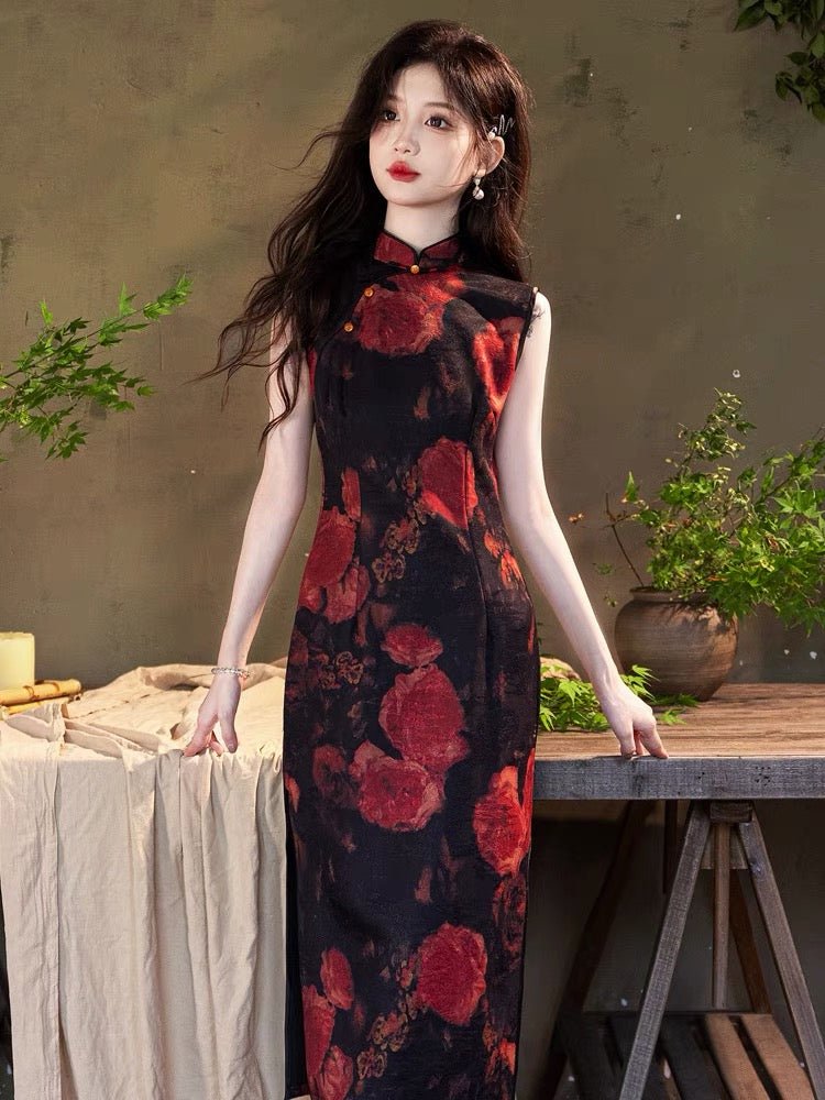 Vintage and Elegant Sleeveless Qipao Cheongsam - Rose - Jianxi Hanfu