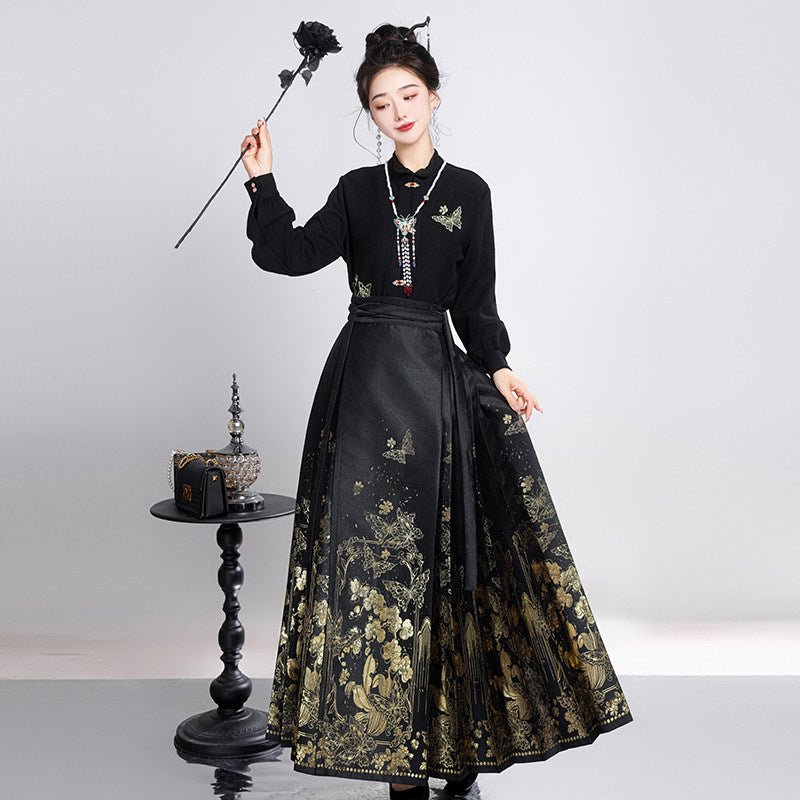 new chinese style ming dynasty women's hanfu black mamianqun butterfly pattern - Jianxi Hanfu