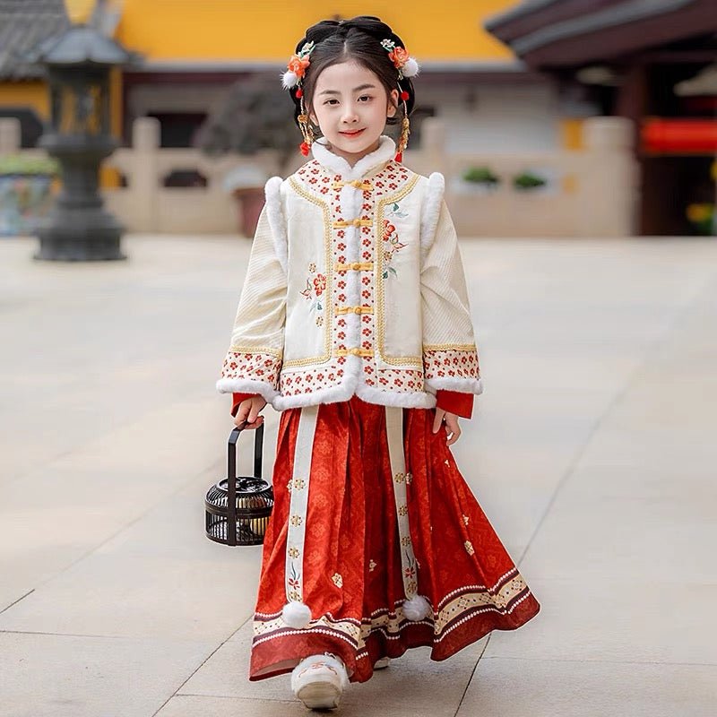 Children Winter Hanfu Mamian Skirt Set For New Year - Jianxi Hanfu