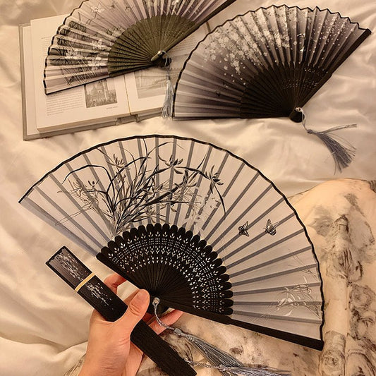 Chinese folding fan with ancient style bamboo fan with ink painted orchids - Jianxi Hanfu