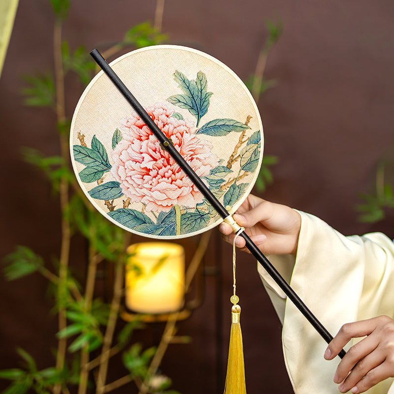 pink peony chinese bamboo fan-Jianxi Hanfu