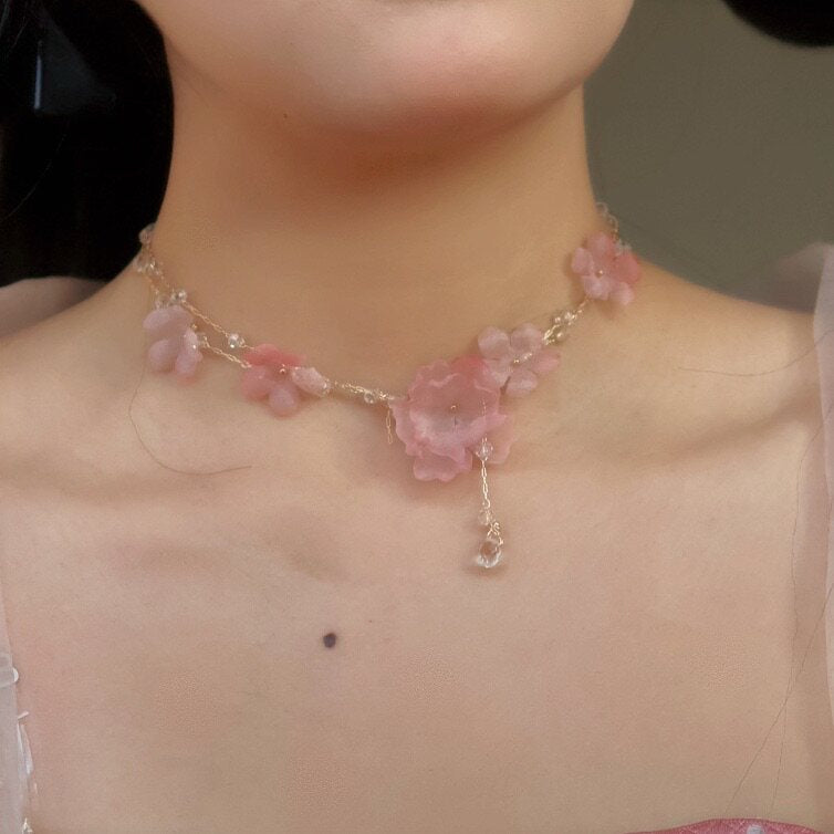 chinese style handmade pink flower necklace - Jianxi Hanfu