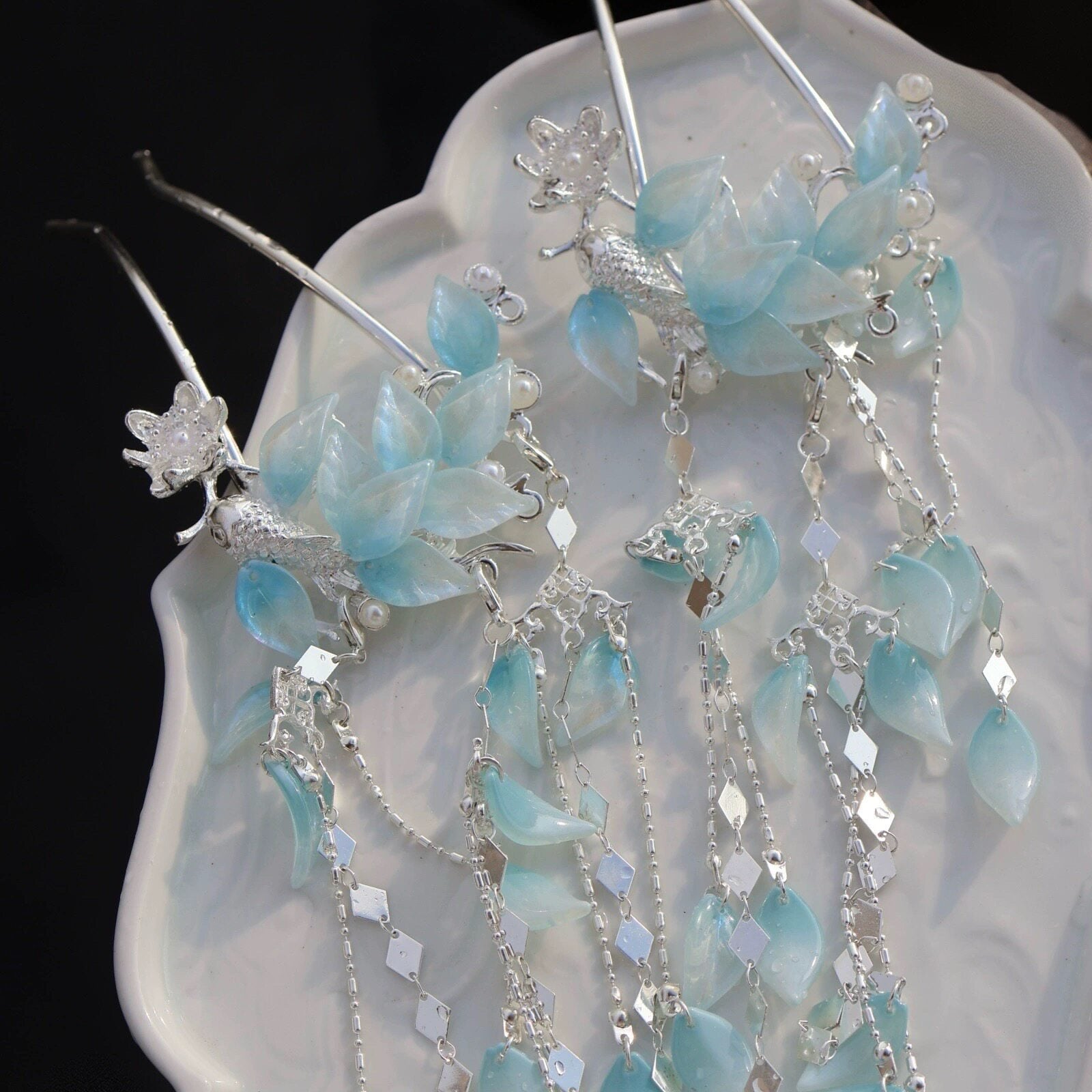 chinese women's hanfu accessories blue flower hairpin - Jianxi Hanfu