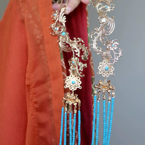 chinese women's hanfu hair accessories blue tassel hairpin - Jianxi Hanfu