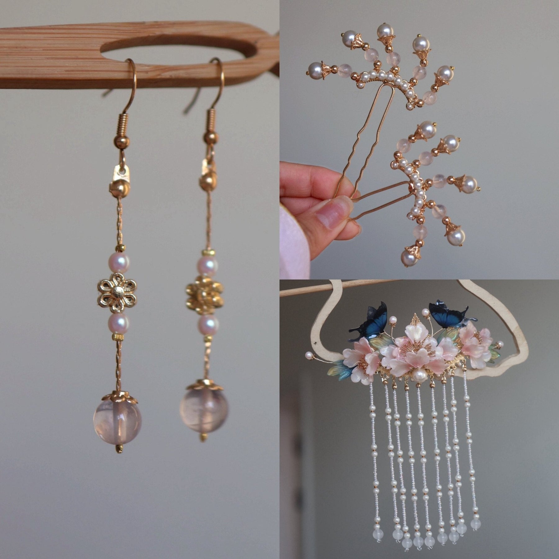 chinese hanfu hair accessories pink earrings hair stick - Jianxi Hanfu