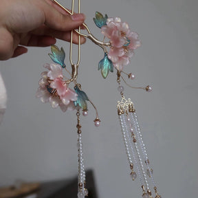chinese hanfu hair accessories pink tassel hair stick - Jianxi Hanfu