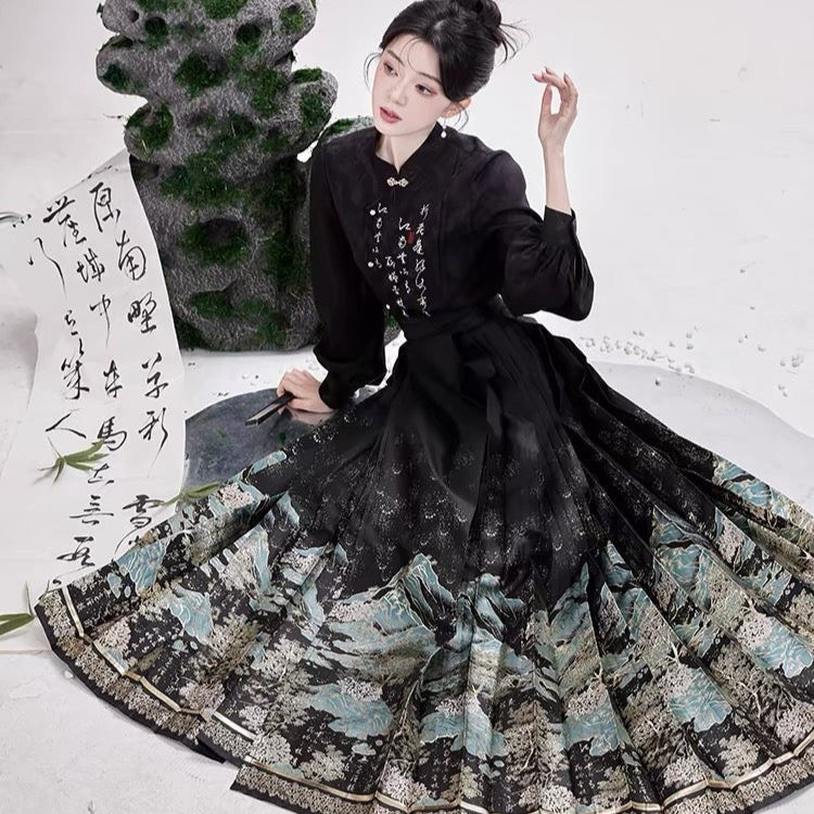 Chinese Hanfu Ming Dynasty Mamian Skirt - Qing Shan - Jianxi Hanfu