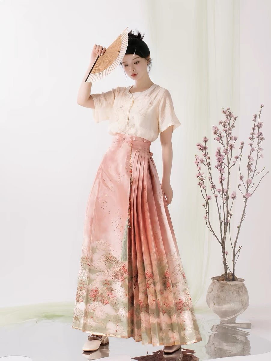 Chinese Ming Dynasty Mamian Skirt - Shi Li Tao Hua - Jianxi Hanfu