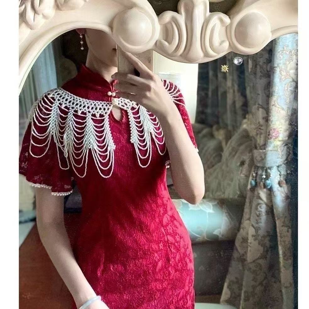 women's hanfu red qipao cheongsam yunjian cloud collar - Jianxi Hanfu