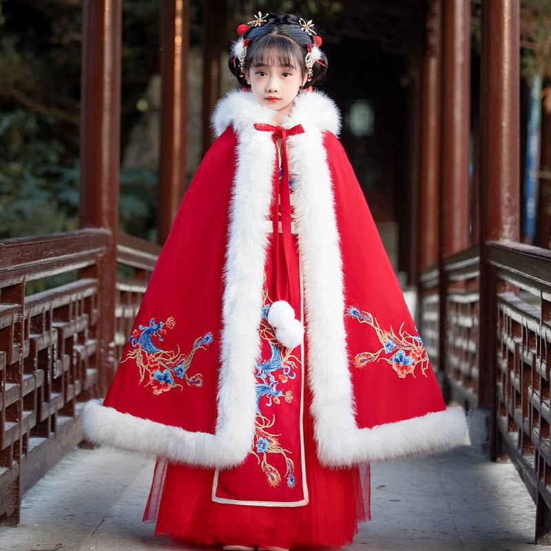 chinese ming dynasty children's winter hanfu red cloak flower - Jianxi Hanfu