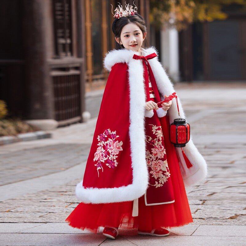 chinese style children's winter hanfu red cloak - Jianxi Hanfu