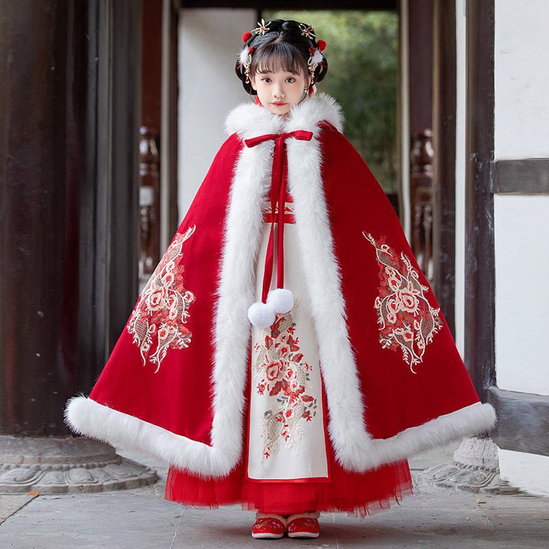 chinese ming dynasty children's winter hanfu red cloak - Jianxi Hanfu
