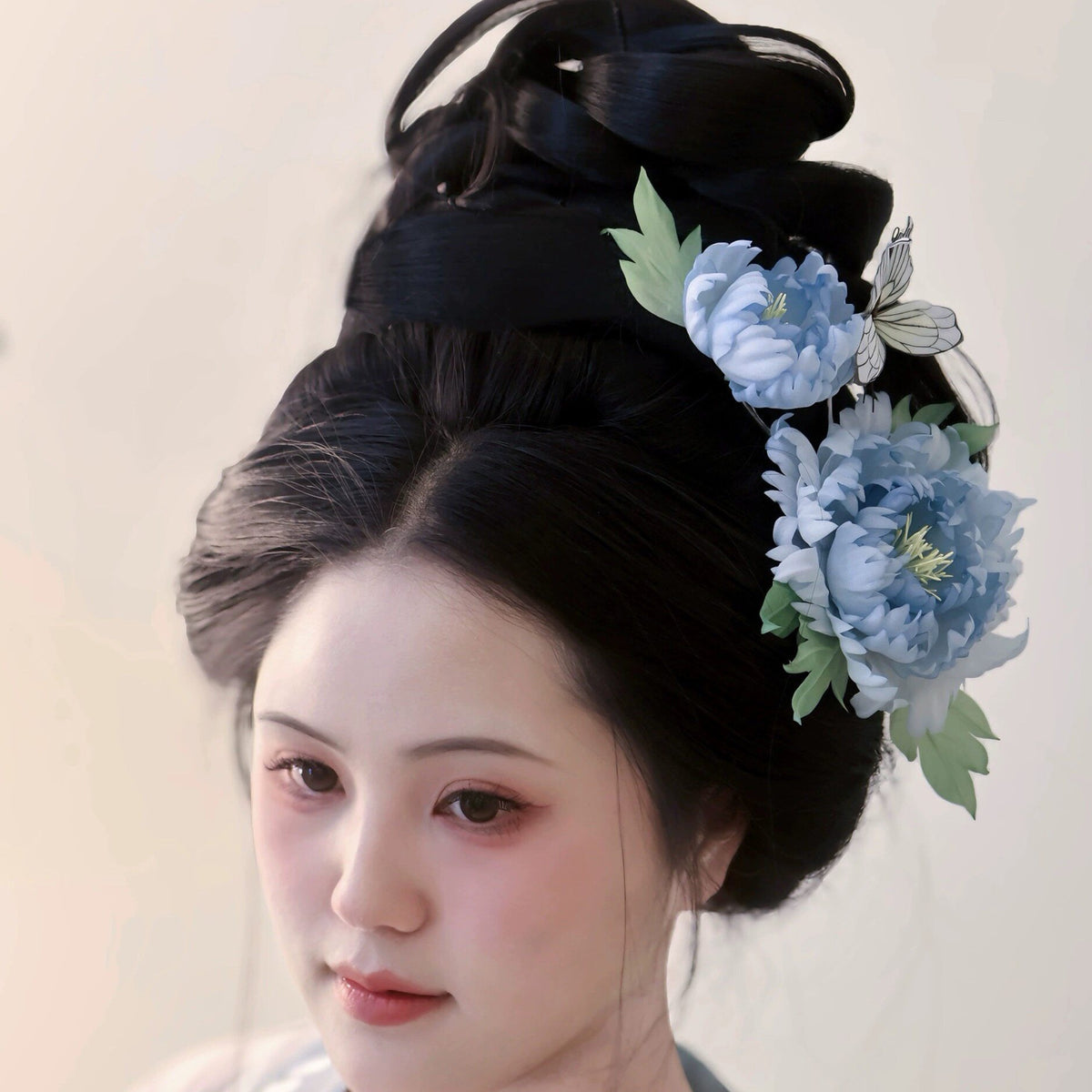 chinese tang dynasty women's hanfu blue flower hairpin - Jianxi Hanfu