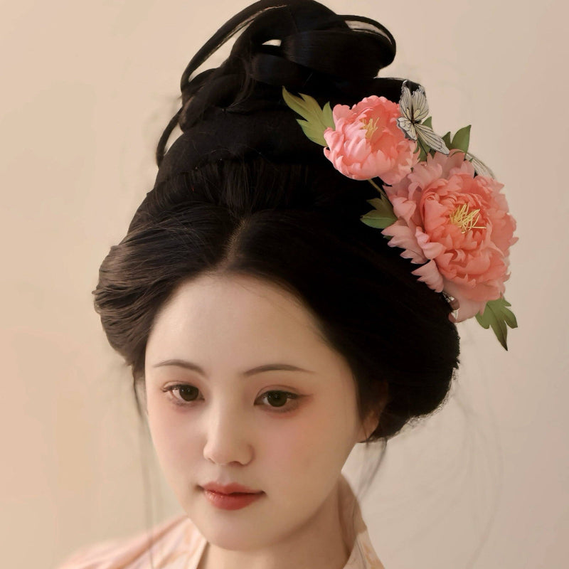chinese tang dynasty women's hanfu pink flower hairpin - Jianxi Hanfu