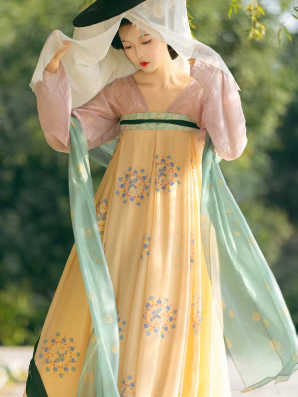 chinese tang dynasty women's spring hanfu clothes  yellow ruqun dress- Jianxi hanfu