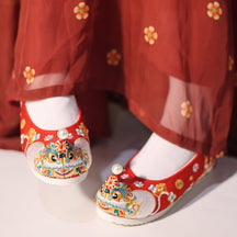 red hanfu shoes lion pattern new year shoes-Jianxi Hanfu